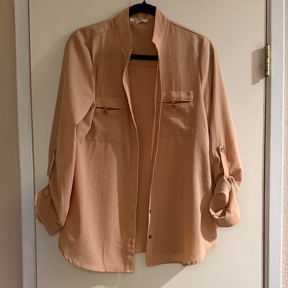 REORDER Camel Button Front Blouse Roll Tab Sleeves Women’s Large